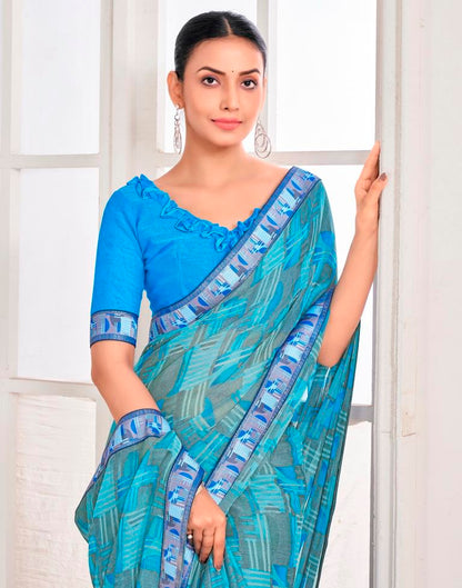Blue Chiffon Printed Saree