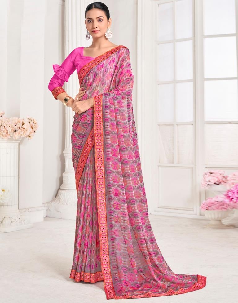 Pink Chiffon Printed Saree