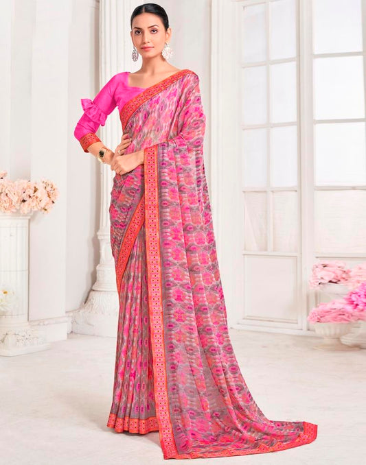 Pink Chiffon Printed Saree