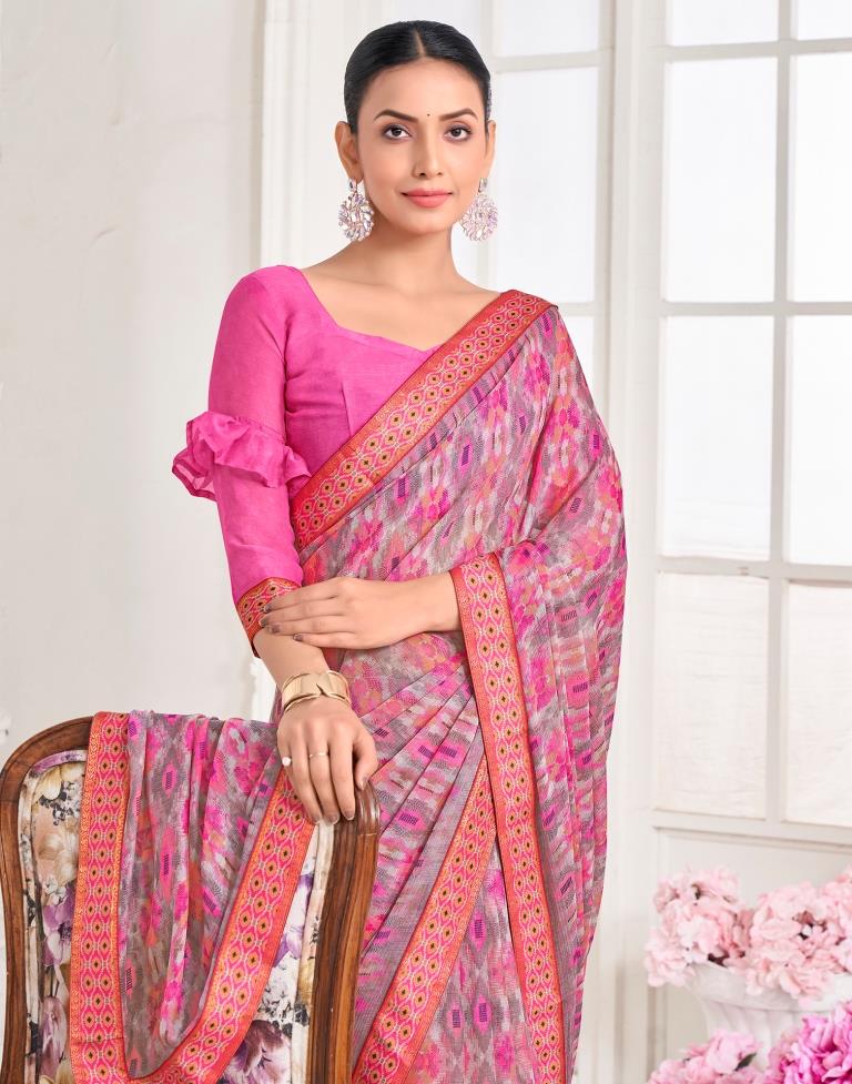 Pink Chiffon Printed Saree