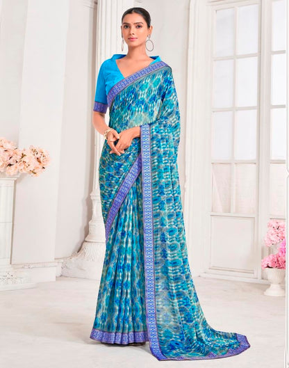 Blue Chiffon Printed Saree