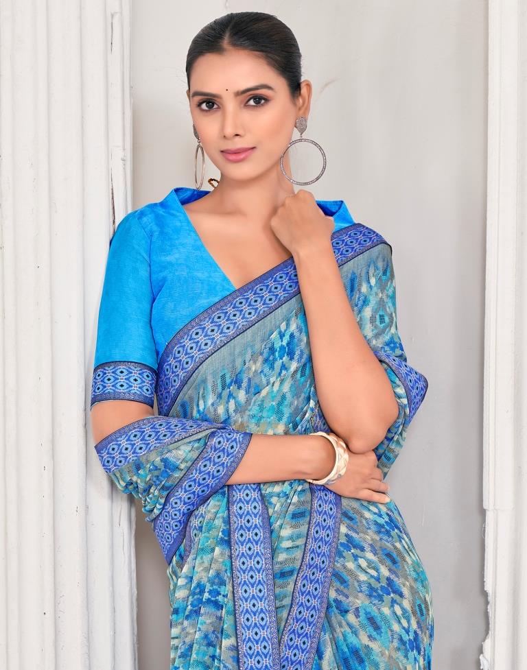 Blue Chiffon Printed Saree