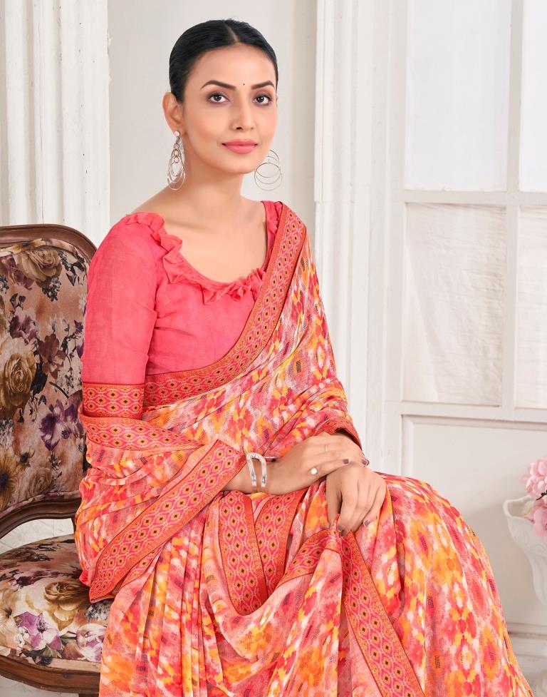 Peach Chiffon Printed Saree
