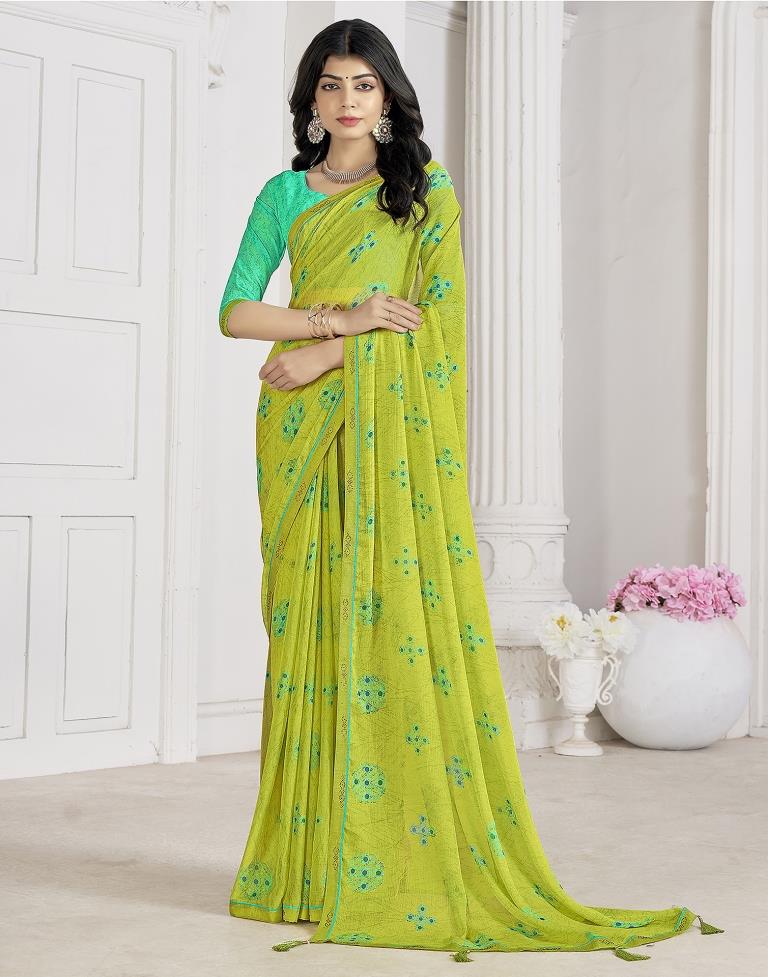 Lime Green Chiffon Printed Saree