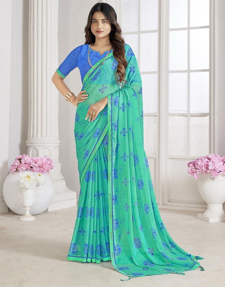 Turquoise Chiffon Printed Saree