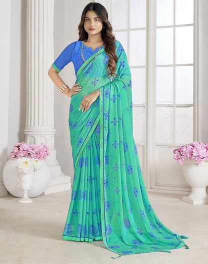 Turquoise Chiffon Printed Saree