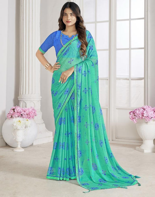 Turquoise Chiffon Printed Saree