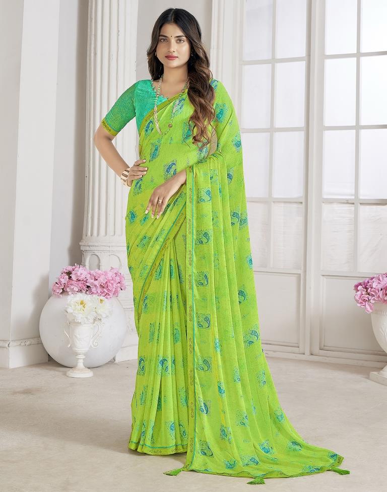 Lime Green Chiffon Printed Saree