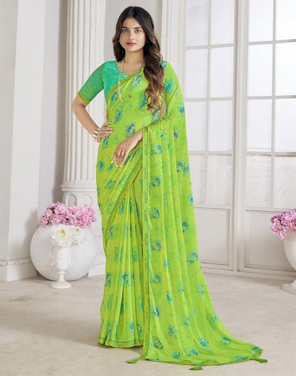 Lime Green Chiffon Printed Saree