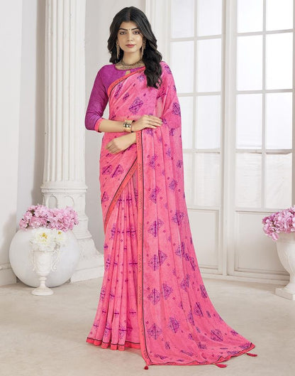 Rose Pink Chiffon Printed Saree