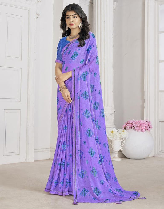 Lavender Chiffon Printed Saree