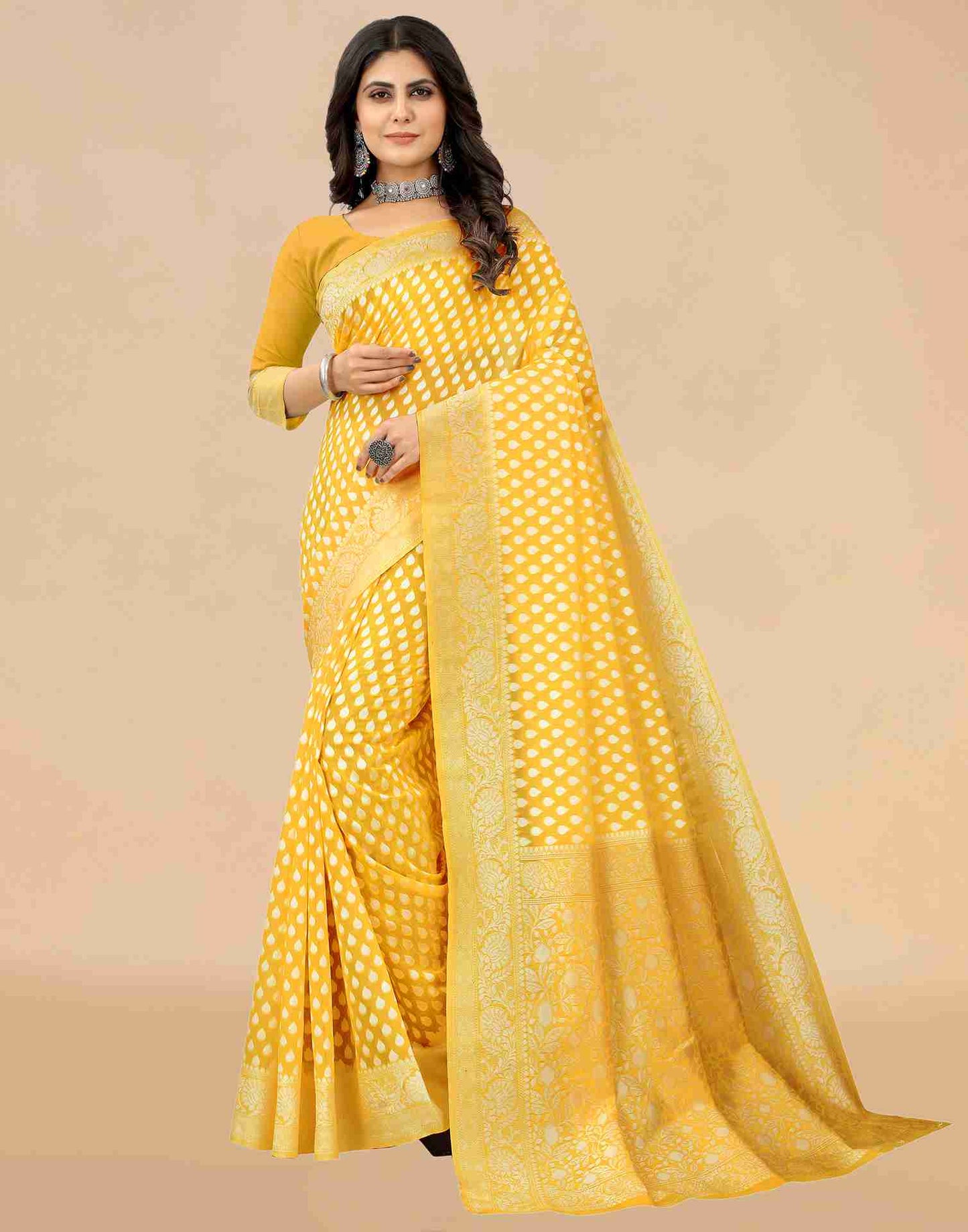 Yellow Cotton Plain Saree