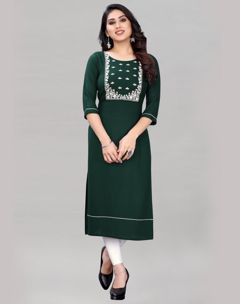 Dark Green Embroidered Kurti | Leemboodi