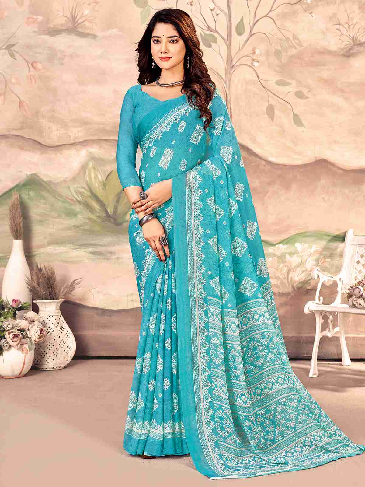 Blue Chiffon Printed Saree