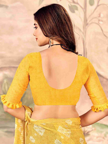 Yellow Chiffon Printed Saree