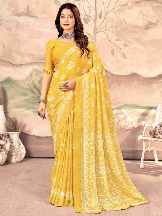 Yellow Chiffon Printed Saree