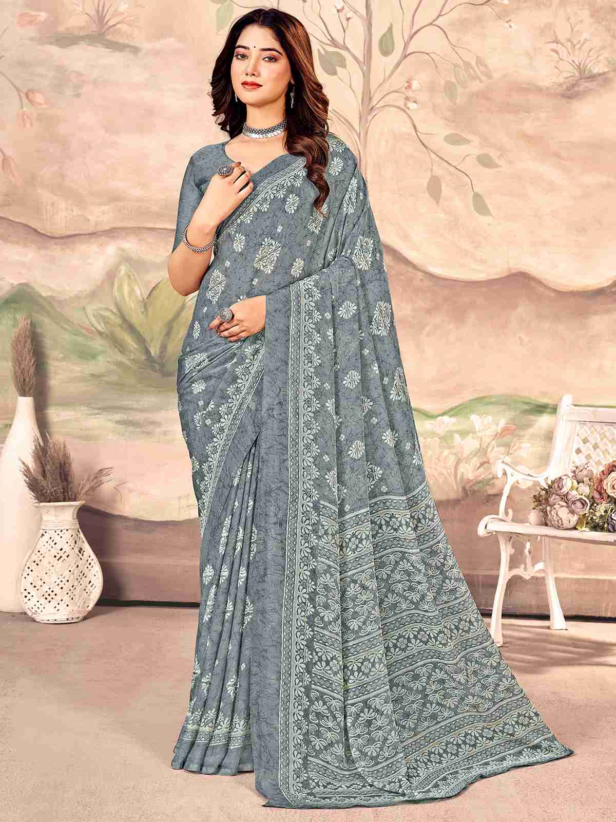 Grey Chiffon Printed Saree