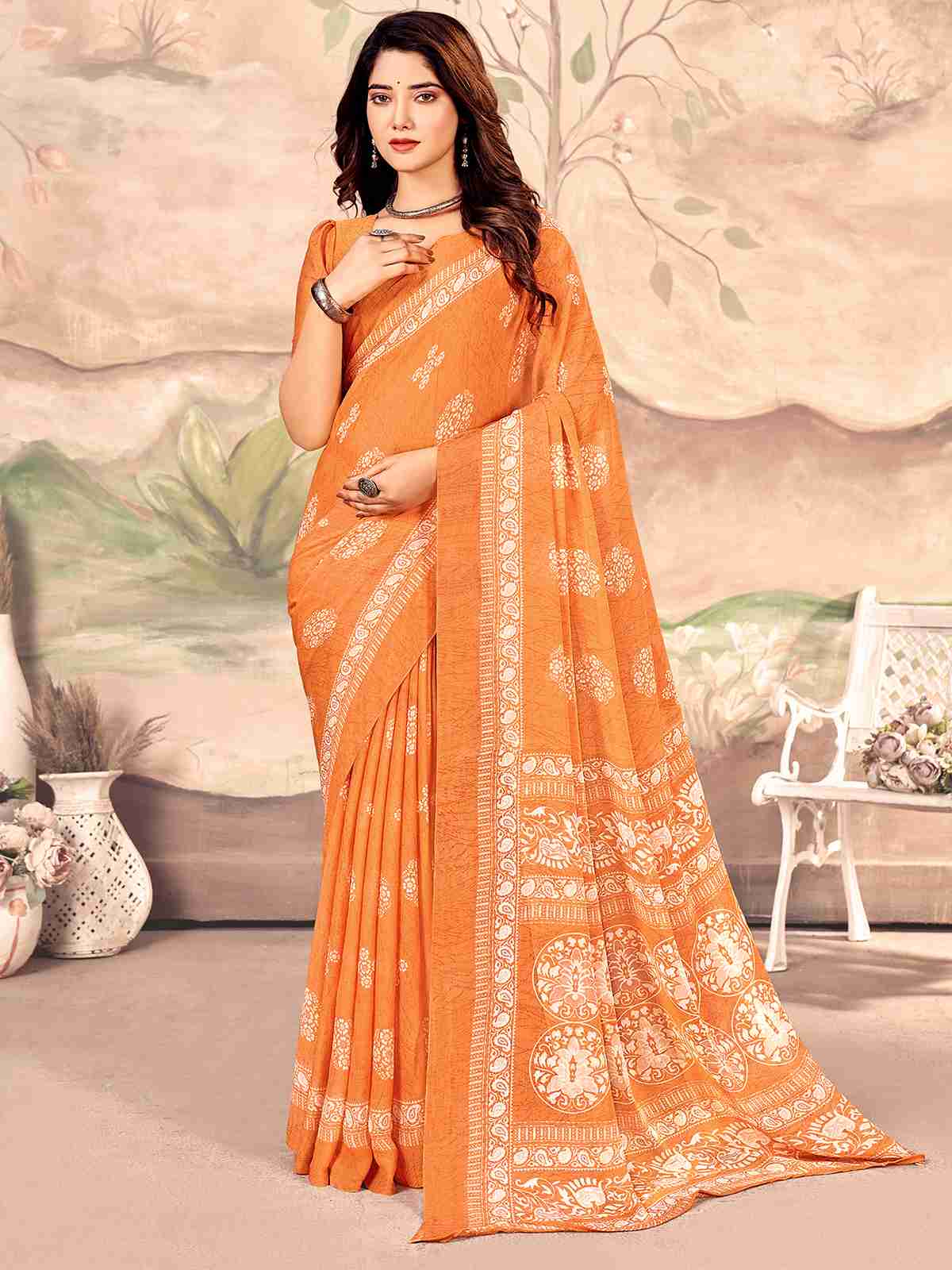 Orange Chiffon Printed Saree