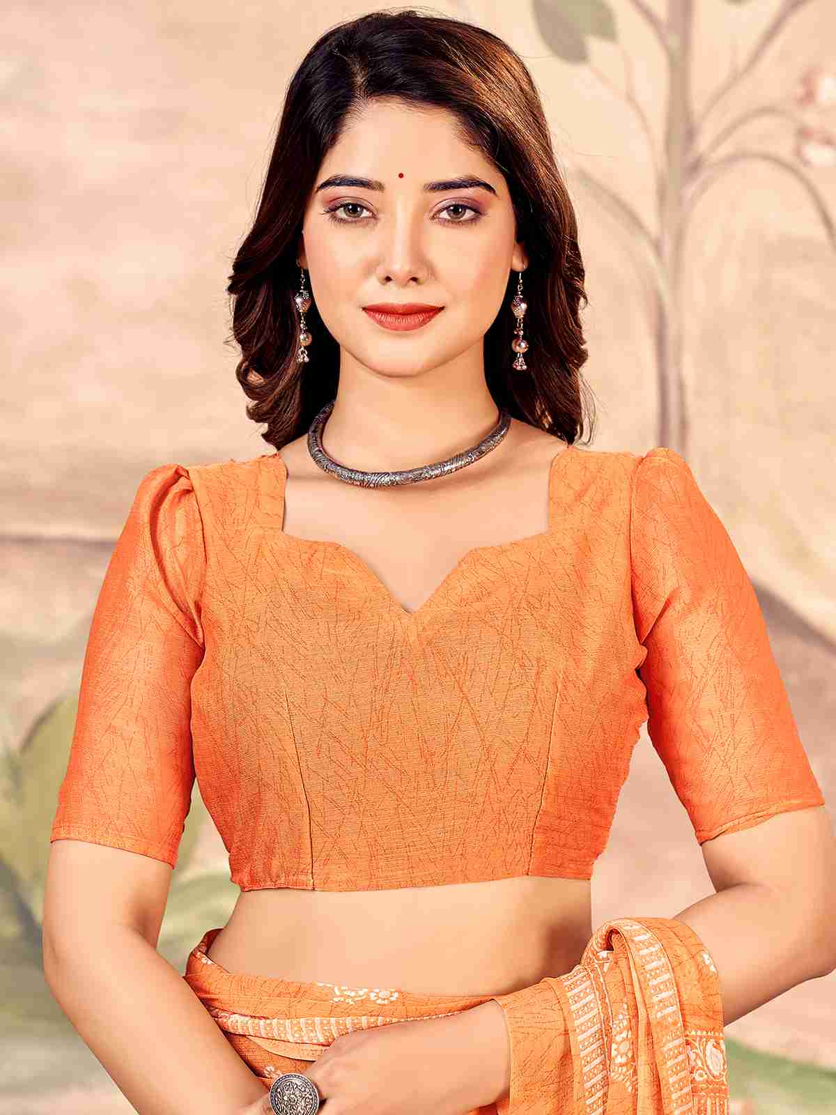 Orange Chiffon Printed Saree