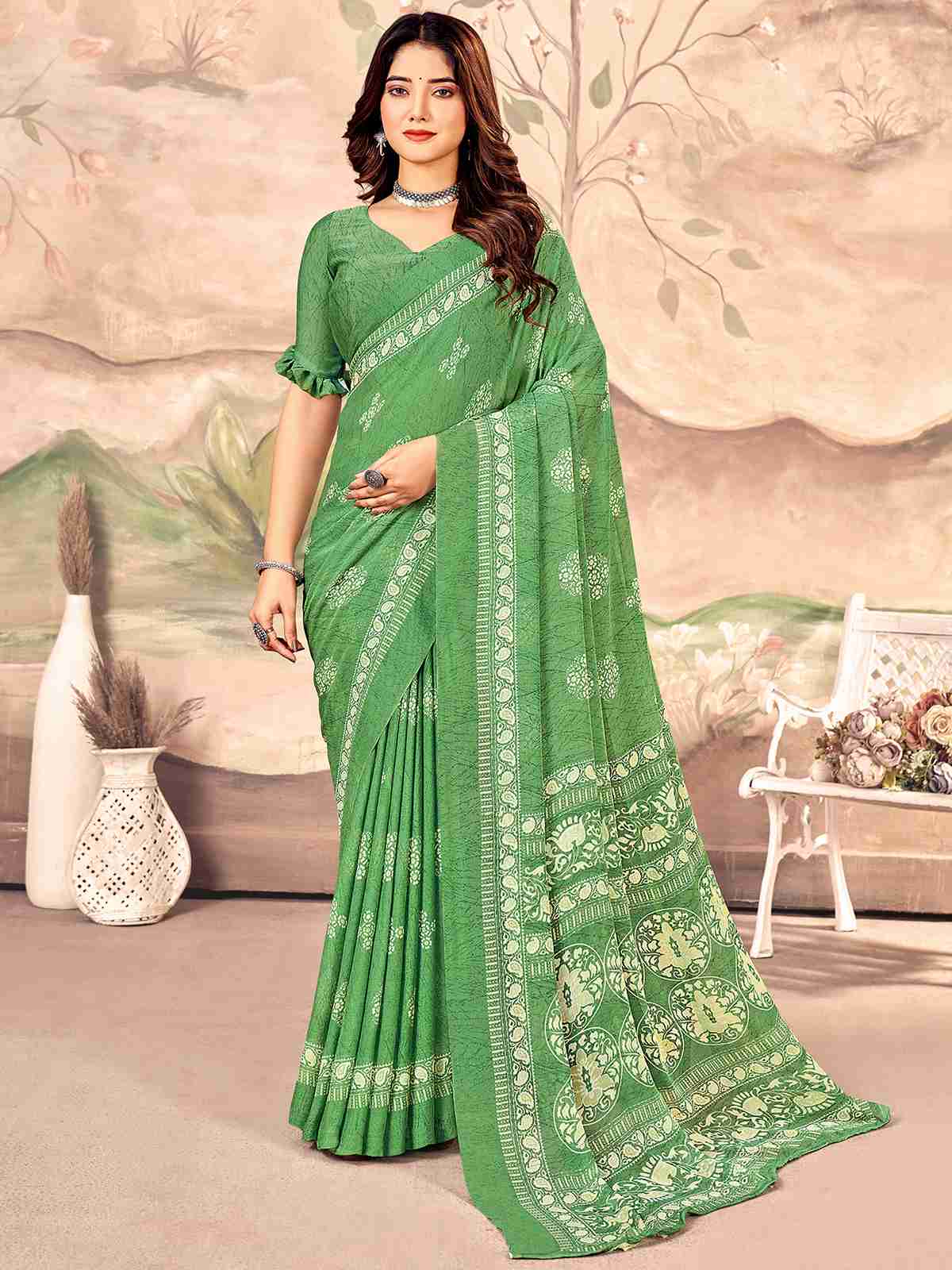 Green Chiffon Printed Saree