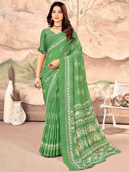 Green Chiffon Printed Saree