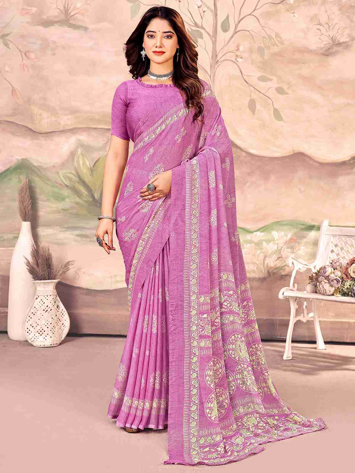 Magenta Chiffon Printed Saree