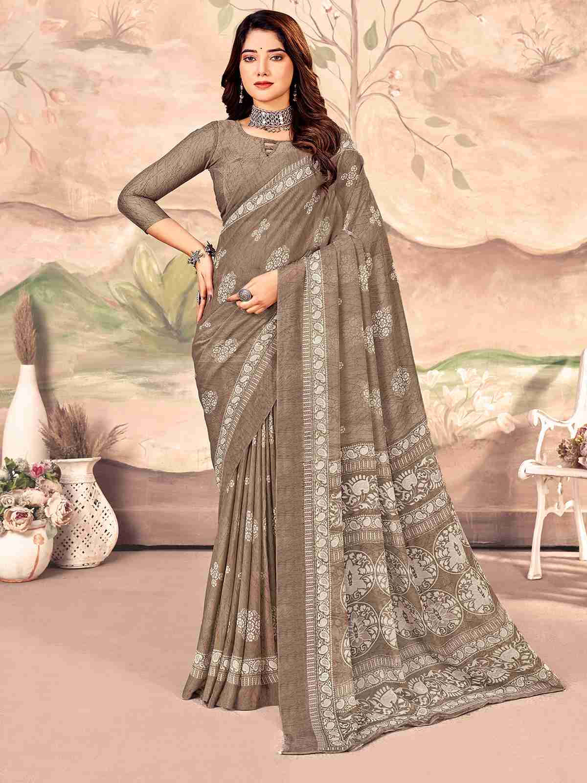 Brown Chiffon Printed Saree