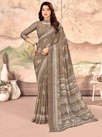 Brown Chiffon Printed Saree