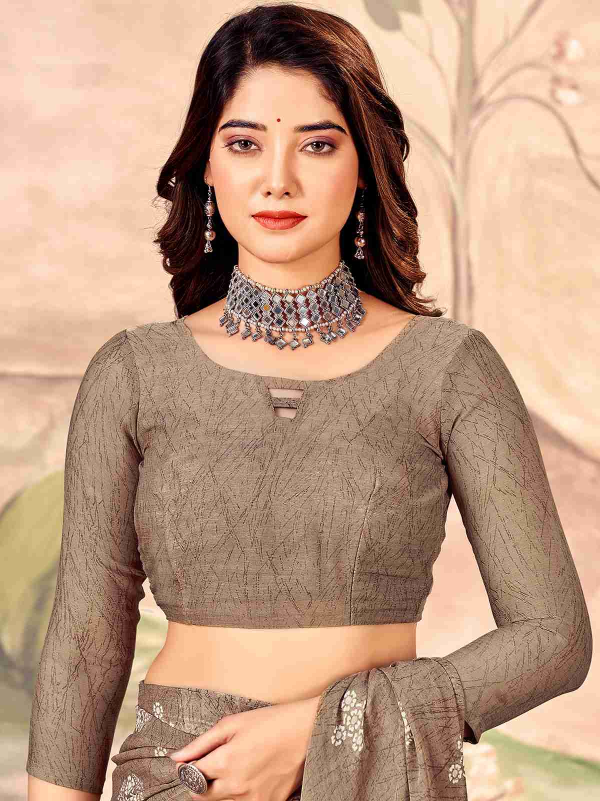 Brown Chiffon Printed Saree