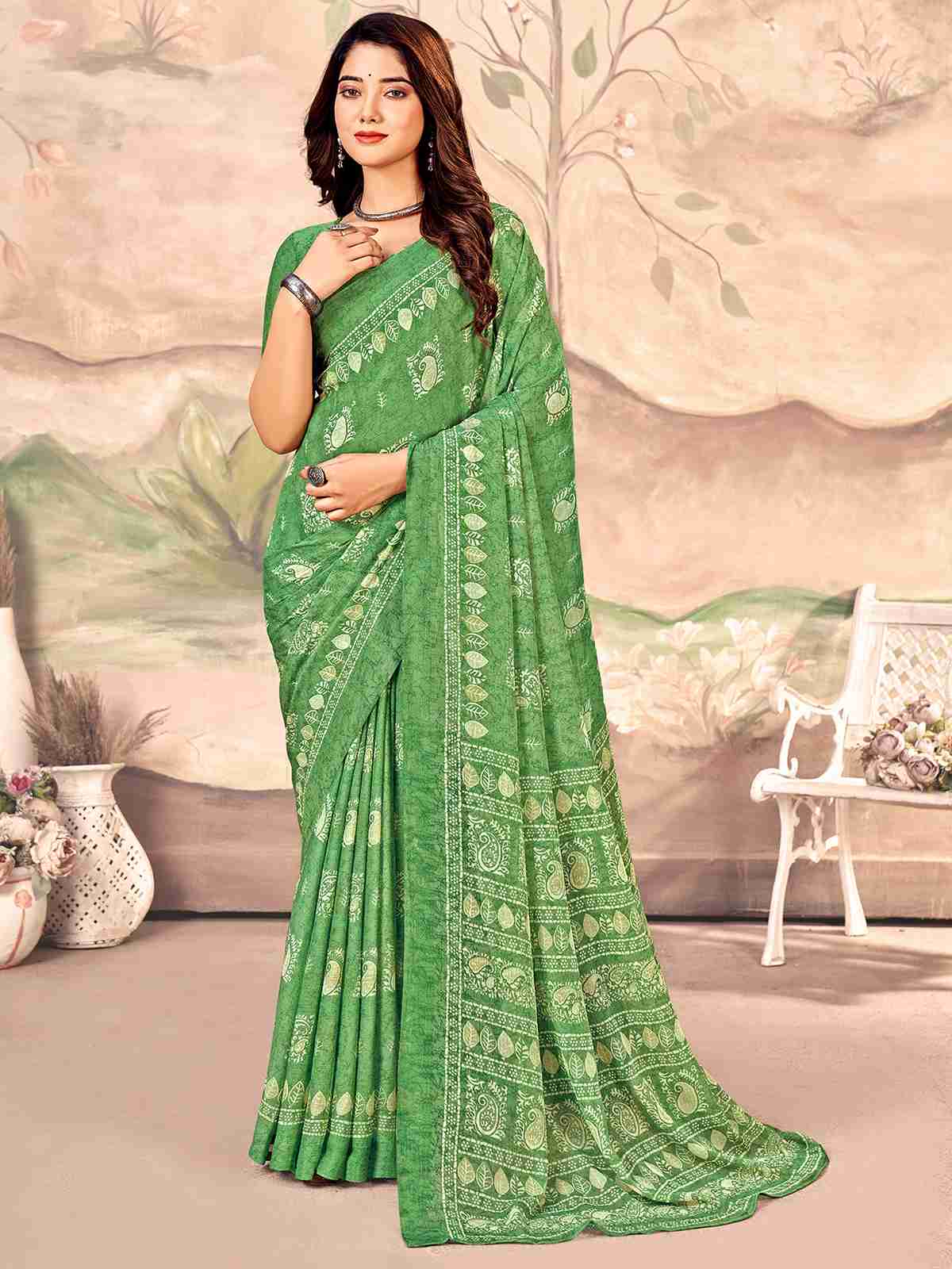 Green Chiffon Printed Saree