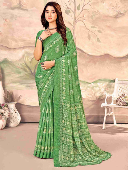 Green Chiffon Printed Saree
