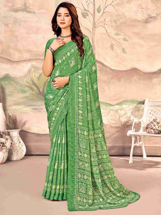 Green Chiffon Printed Saree