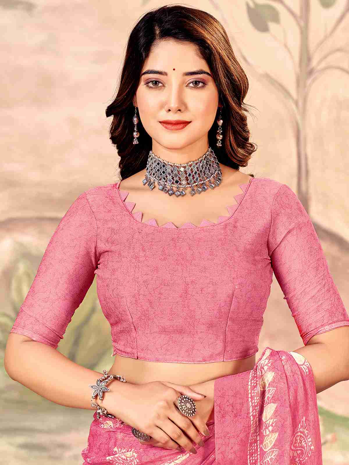 Pink Chiffon Printed Saree