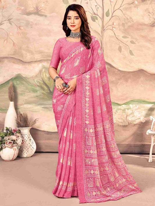 Pink Chiffon Printed Saree