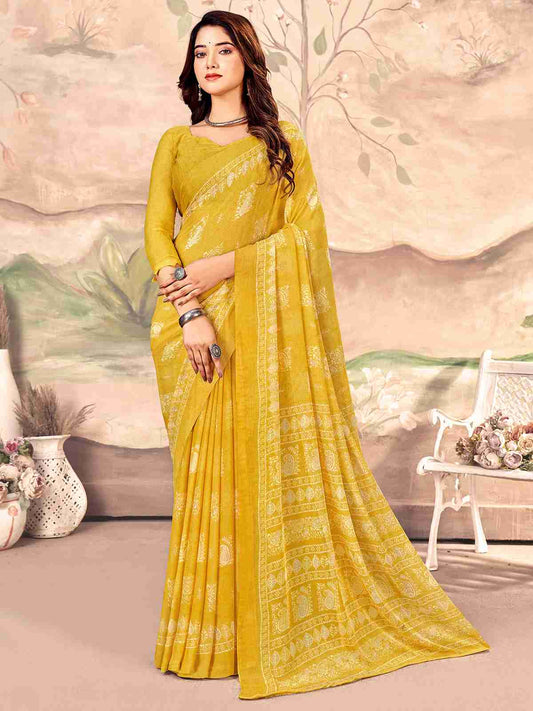 Yellow Chiffon Printed Saree