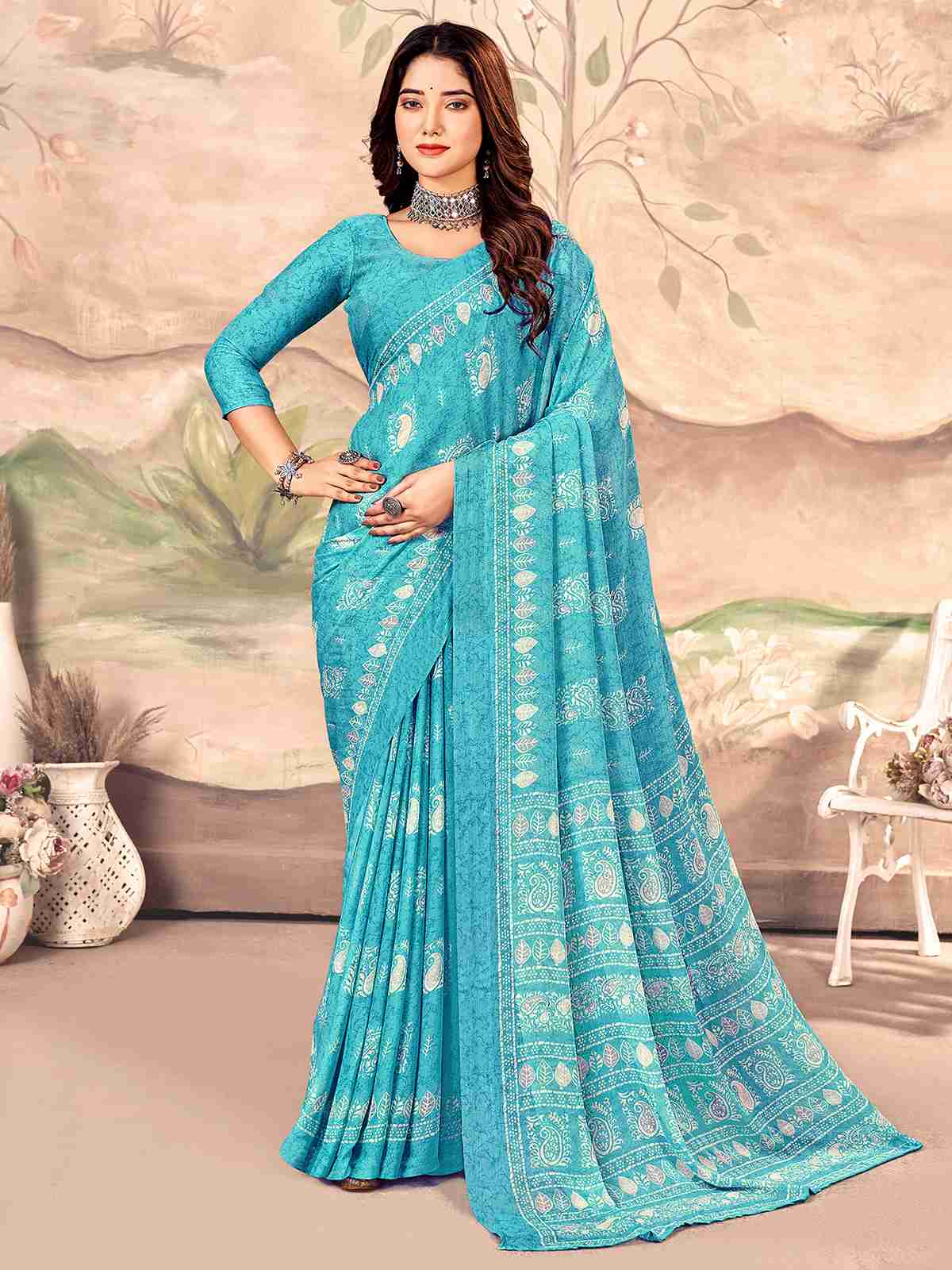 Blue Chiffon Printed Saree