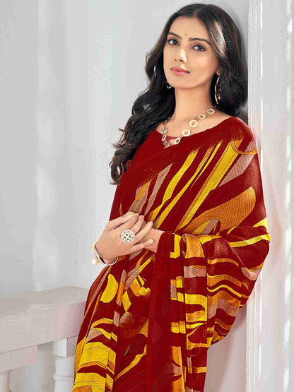 Red Chiffon Printed Saree