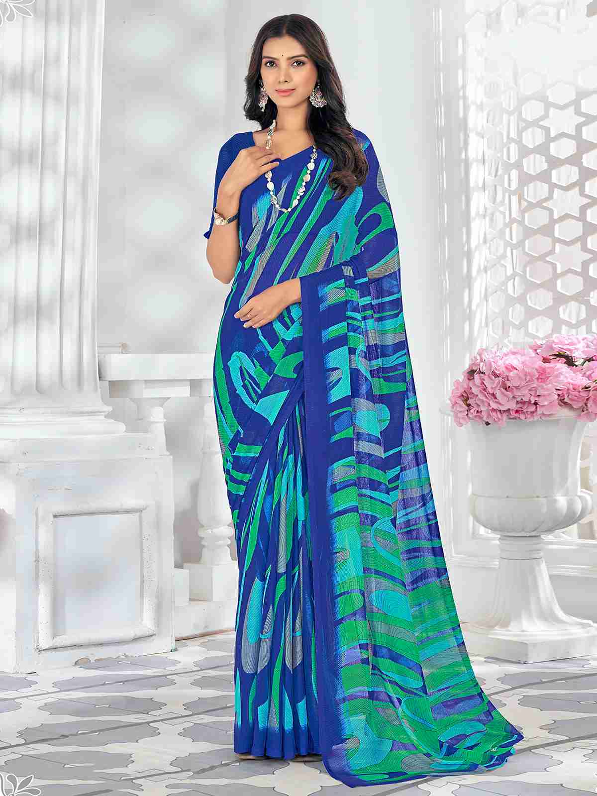 Blue Chiffon Printed Saree