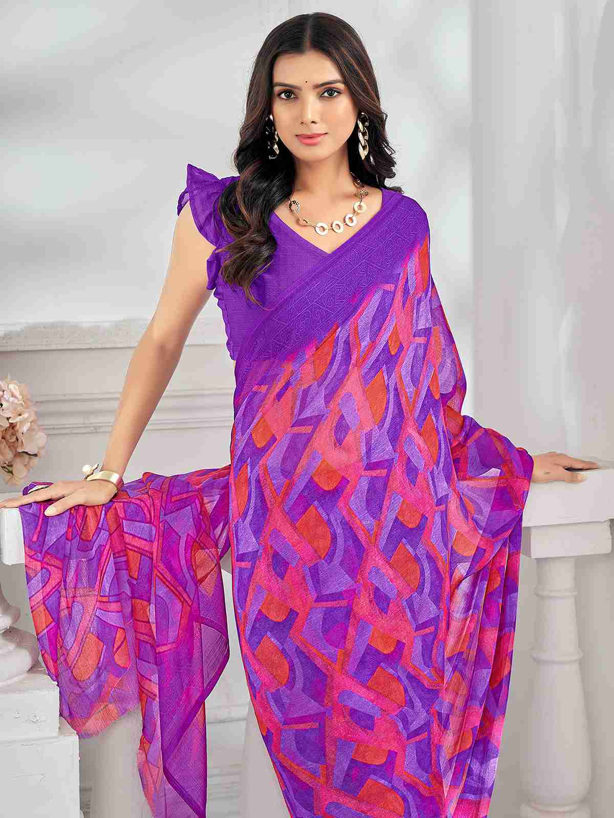 Violet Chiffon Printed Saree