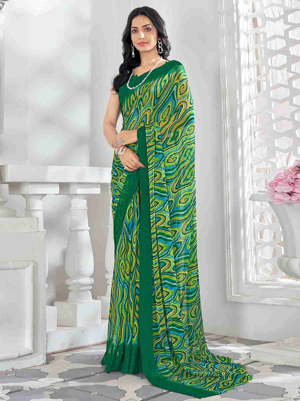 Green Chiffon Printed Saree