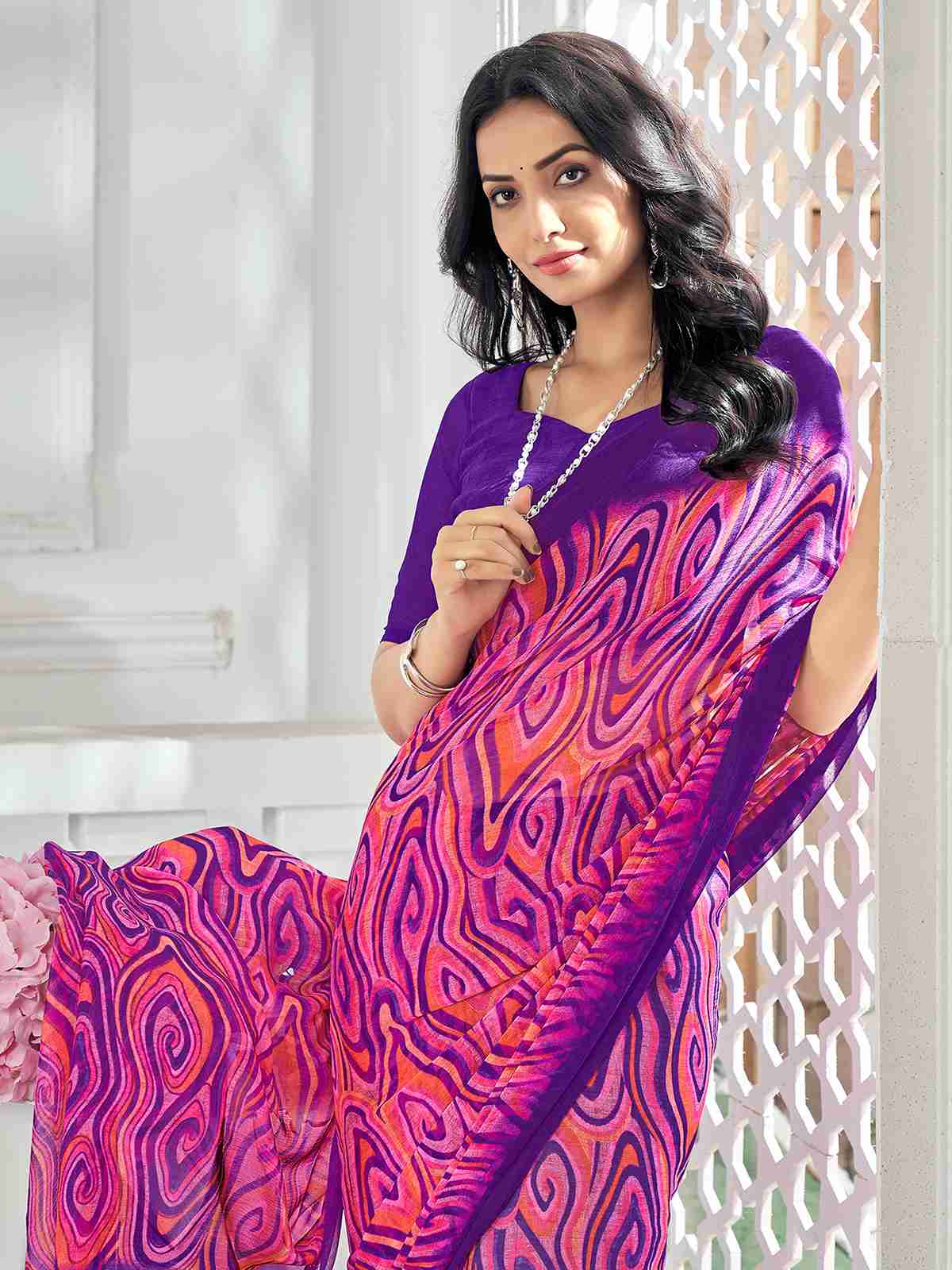 Violet Chiffon Printed Saree