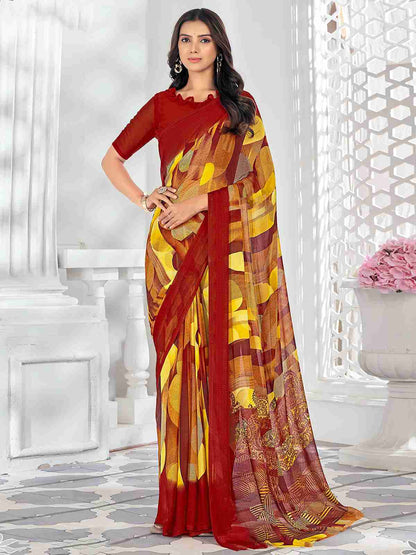 Red Chiffon Printed Saree