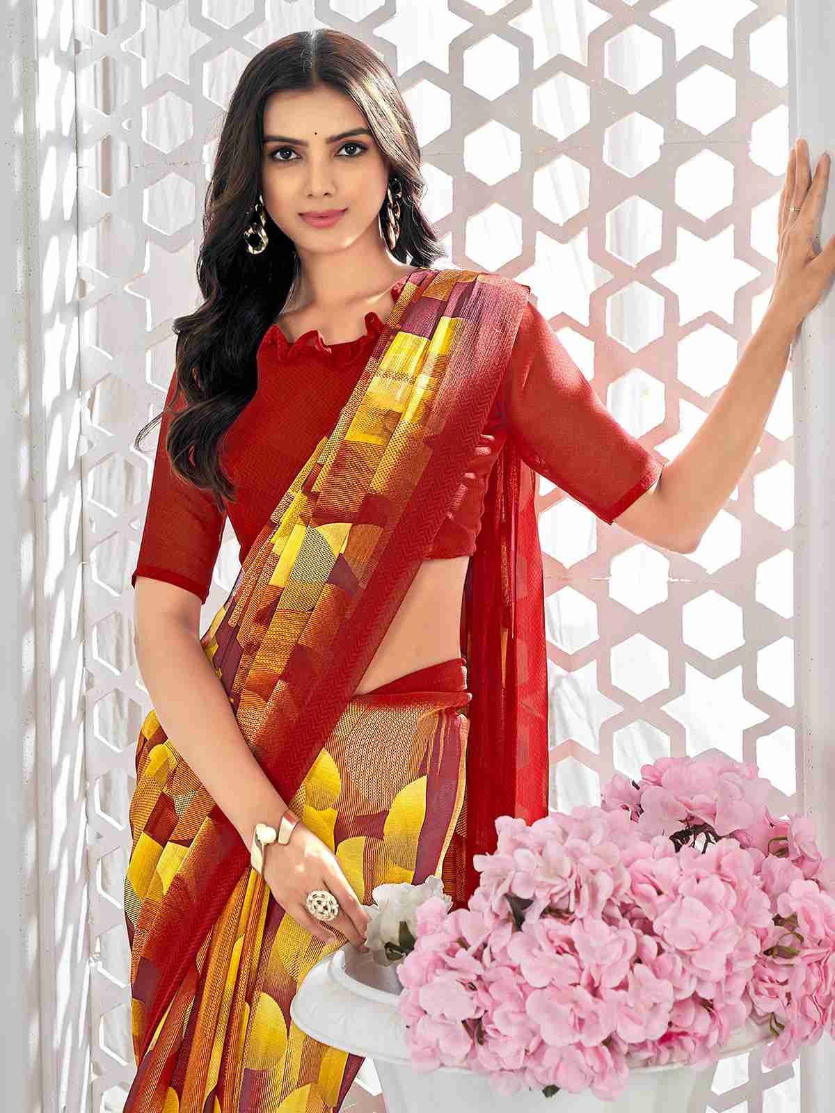 Red Chiffon Printed Saree