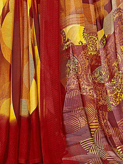 Red Chiffon Printed Saree
