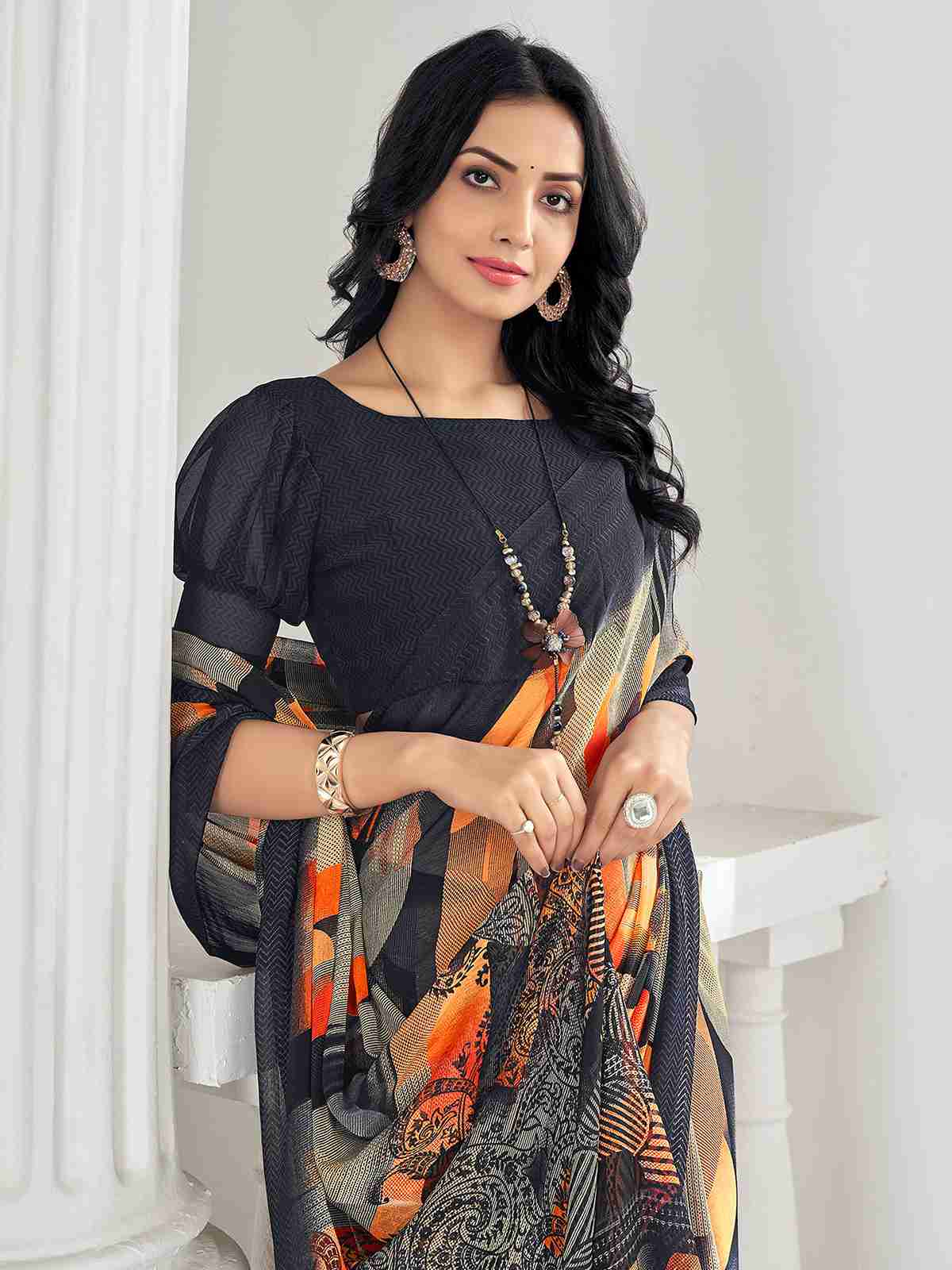 Black Chiffon Printed Saree