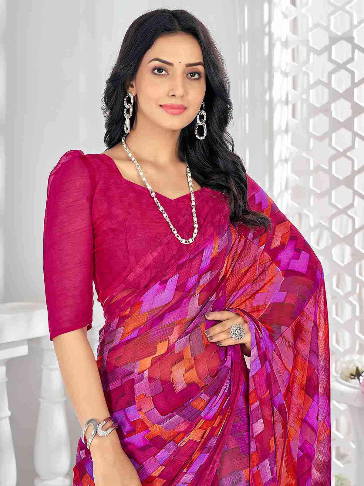 Magenta Chiffon Printed Saree