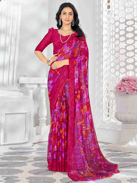 Magenta Chiffon Printed Saree