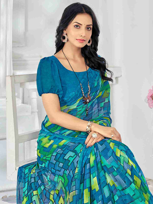 Blue Chiffon Printed Saree
