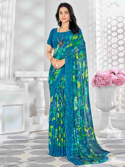 Blue Chiffon Printed Saree