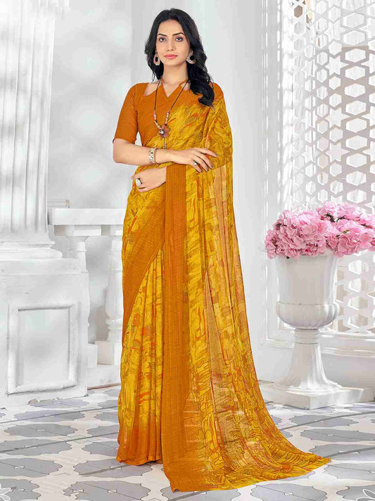 Yellow Chiffon Printed Saree